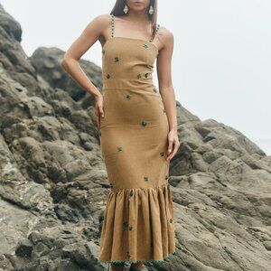 Desirae Midi Dress - Light Fawn & Emeralds